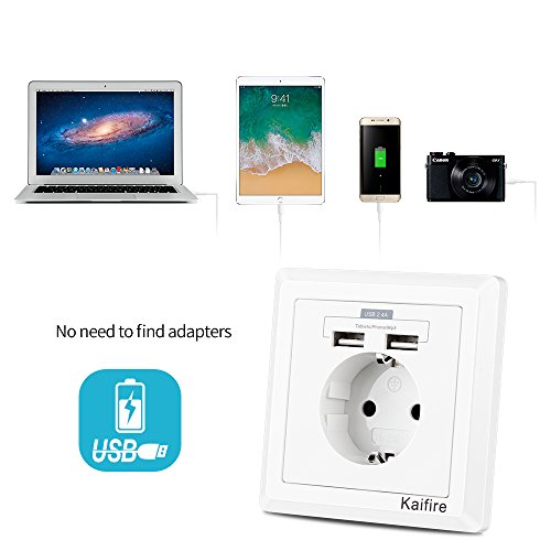Kaifire USB Enchufe Pared 2.4A Schuko Toma de Corriente Estándar con 2 USB Conectores - Cargador Smartphone Tableta