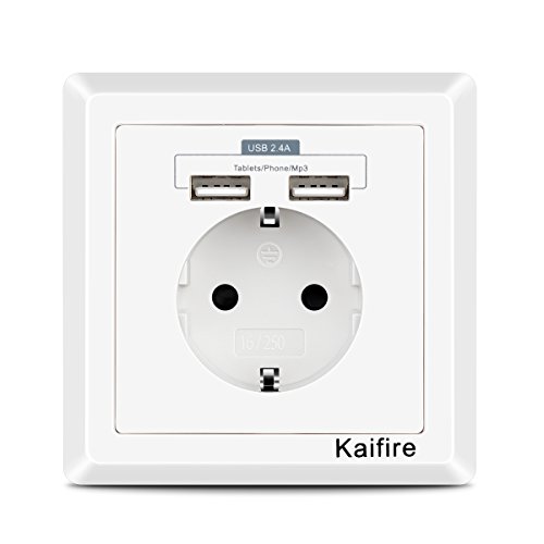 Kaifire USB Enchufe Pared 2.4A Schuko Toma de Corriente Estándar con 2 USB Conectores - Cargador Smartphone Tableta