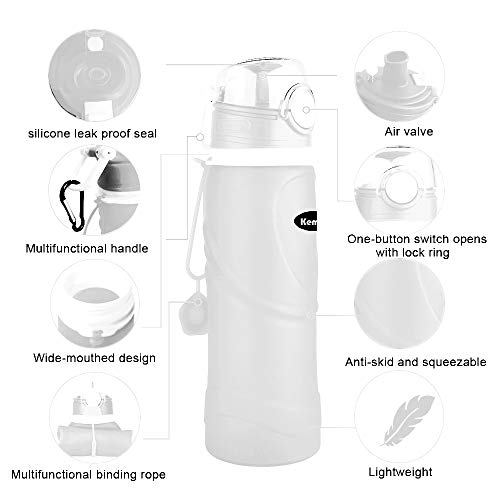 Kemier Botellas de Agua de Silicona Plegables–750ML,Calidad Médica Libre de BPA.Puede Enrollarse hasta 26 oz,Botellas de Agua Plegables a Prueba de Fugas para el Aire Libre y Deportes (Blanco)