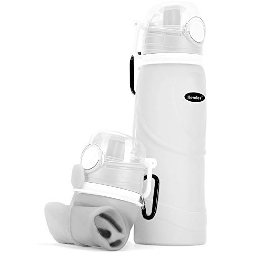 Kemier Botellas de Agua de Silicona Plegables–750ML,Calidad Médica Libre de BPA.Puede Enrollarse hasta 26 oz,Botellas de Agua Plegables a Prueba de Fugas para el Aire Libre y Deportes (Blanco)