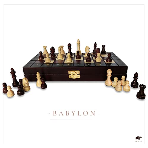 KHAPLO ® - Ajedrez de Madera - Ajedrez de Viaje, plegable - Juego de Ajedrez - Tablero madera - Hecho a Mano - 27 x 27 cm – Juego de Mesa – Modelo Babylon – Ajedrez para Niños - Escacs - Xadrez