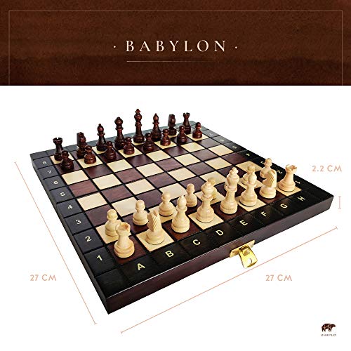 KHAPLO ® - Ajedrez de Madera - Ajedrez de Viaje, plegable - Juego de Ajedrez - Tablero madera - Hecho a Mano - 27 x 27 cm – Juego de Mesa – Modelo Babylon – Ajedrez para Niños - Escacs - Xadrez
