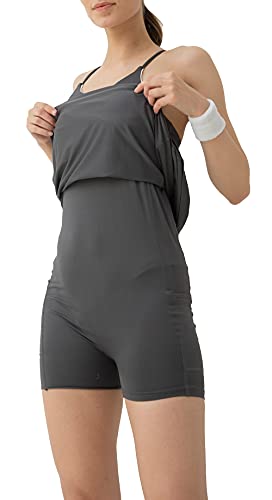 KINKAN Vestidos de ejercicio para mujer, vestido de tenis, golf, entrenamiento, con sujetador integrado y pantalones cortos, bolsillos para vestido atlético de yoga, gris, S