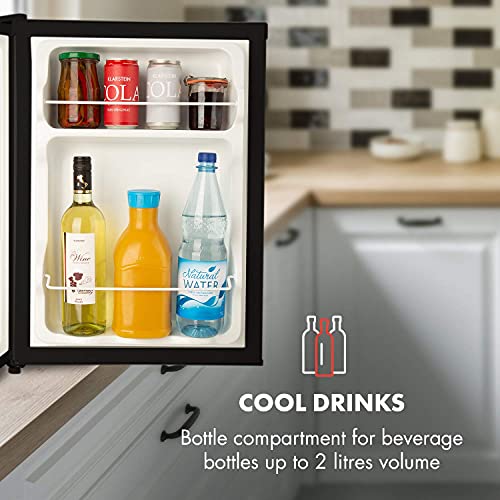 Klarstein Cool Kid – nevera para bebidas, mininevera, minibar, 66 litros de volumen, clase F, 109 kWh/año, aislada, 45 x 63 x 51 cm, 42db, acero inoxidable, negro