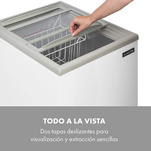 KLARSTEIN Pro Eispalast - Congelador con tapa corrediza de vidrio, 60 L, catering, comercial, snack bar, 47,5 x 84 x 55 cm, congelador, puerta corrediza de vidrio, cesta colgante, blanco