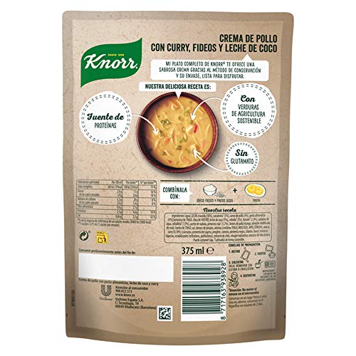 Knorr - Mi Plato Completo Crema de Pollo con Curry, Fideos y Leche de Coco, 375 ml