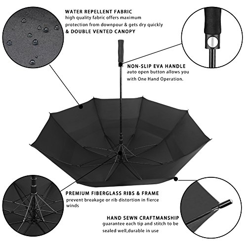 KOLER Golf Umbrella Windproof 62 Inch Oversized Double Vented Canopy Auto Open Waterproof & Sunproof Extra Large Stick Umbrellas - Black/Vented