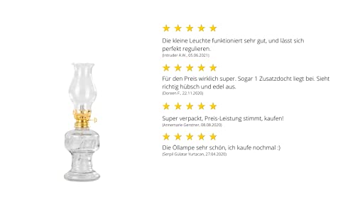 Lámpara de aceite de cristal con casquillo giratorio dorado de 21 cm, lámpara de petróleo con mecha de algodón, perfecta para la boda ideal
