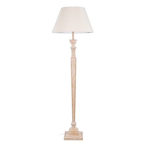 Lámpara de pie tallada con pedestal de madera y tela natural de Ø 50x157 cm - LOLAhome