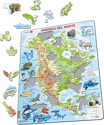 Larsen A32 América del Norte, Mapa físico con Animales, edición en Español, Puzzle de Marco con 66 Piezas