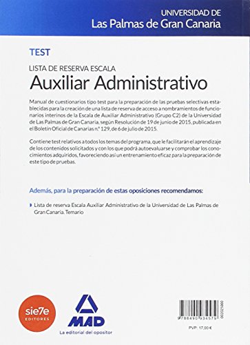 Lista de reserva Escala Auxiliar Administrativo de la Universidad de Las Palmas de Gran Canaria. Test