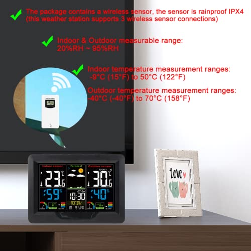 LucaSng Despertador Digital Estación meteorológica a Color Sensor inalámbrico Calendario Moho Nivel de Riesgo Nivel de Comodidad Mesa Reloj de Escritorio -40 °C