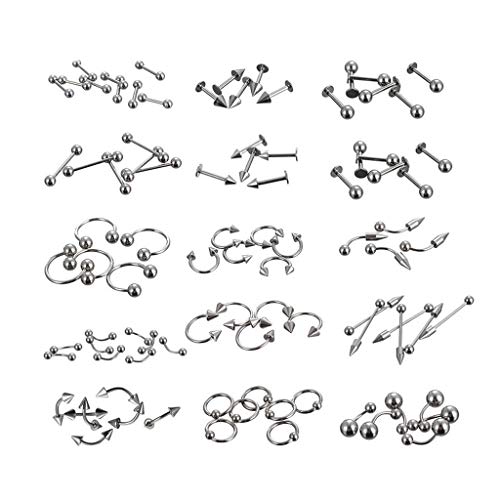 LuLyL 92 piezas de perforaciones (92 piezas), 16 estilos de acero inoxidable 316L, 6 piezas de anillos de ombligo transparentes para el cuerpo, lengua, nariz, orejas, pezones, labios, cejas, cartílago