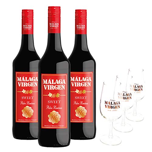 Málaga Virgen Sweet - Pack 3 botellas de 75 cl + 3 catavinos grabados - Vino de licor dulce D.O."Málaga