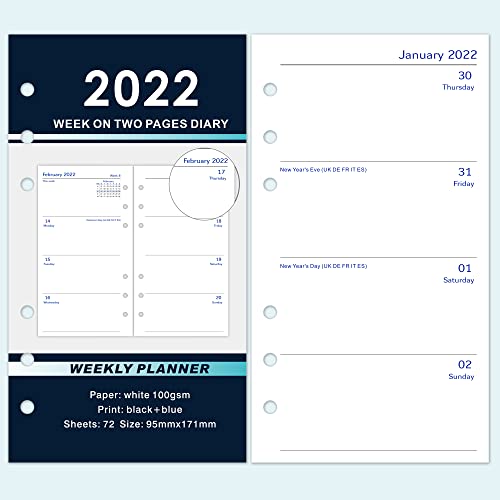Marca Amazon - Eono 2022 Recambio A6 Agenda, semana agenda perforado de 6 orificios, semana en dos páginas 95 x 171 mm Inicio del lunes, enero de 2022 - diciembre de 2022