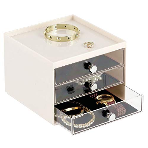 mDesign Organizador de joyas – Mueble joyero transparente con tres cajones plásticos – Cajas para joyería de plástico para la cómoda o el tocador – crema/transparente