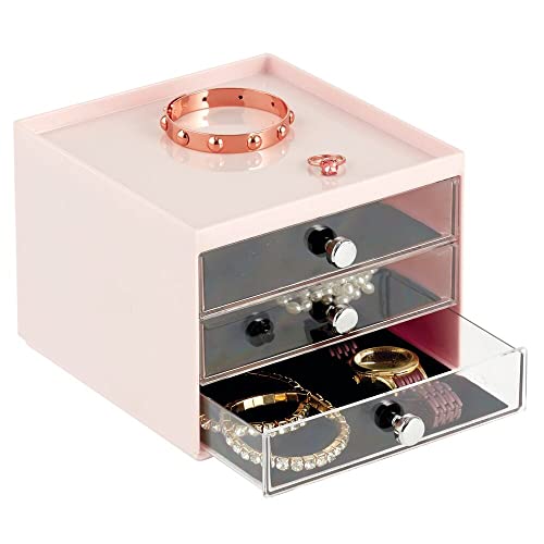 mDesign Organizador de joyas – Mueble joyero transparente con tres cajones plásticos – Cajas para joyería de plástico para la cómoda o el tocador – rosa claro/transparente