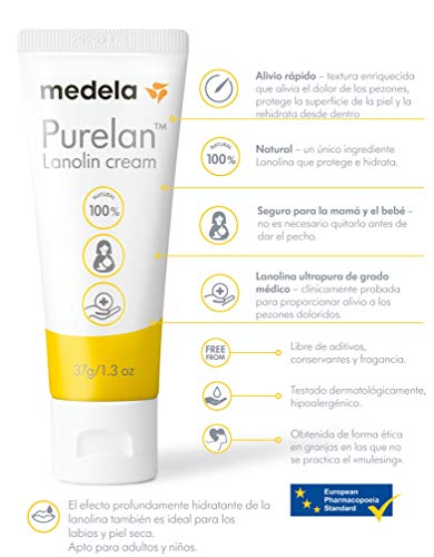 Medela Purelan 37g Crema de Lanolina para Pezones - Alivio rápido para pezones doloridos y piel seca, 100% natural, hipoalergénica, dermatológicamente probada y sin perfume