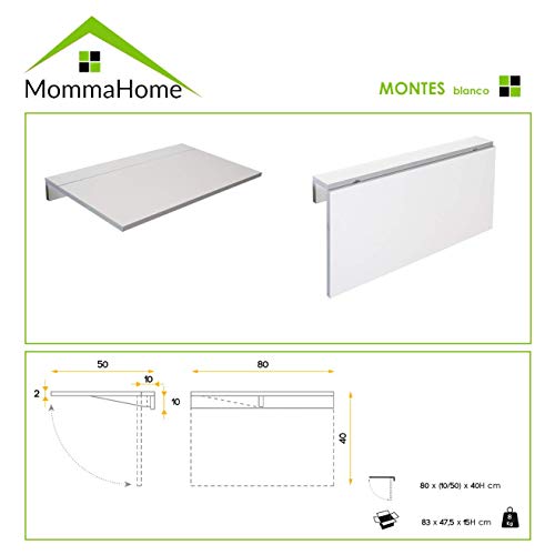 Mesa de Cocina Abatible - Modelo Montes - Color Blanco/Plata - Material MDF/Metal - Medidas 80 x 10/50 x 40 cm