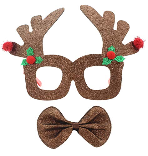 MIK Funshopping Divertidas gafas de Navidad para disfraz, gafas de Navidad, disfraz de Navidad, fiesta de Navidad, reno y pajarita marrón con purpurina