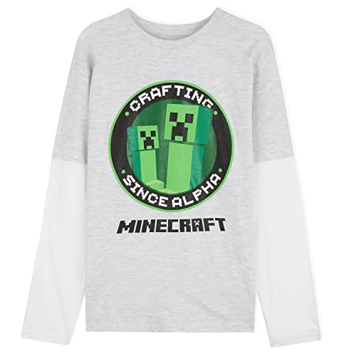 Minecraft Camiseta Niño, Camisetas Manga Larga Diseño Creeper y Mob, Ropa para Niño de Algodon, Regalos para Niños y Adolescentes (Gris/Blanco, 5/6 años)