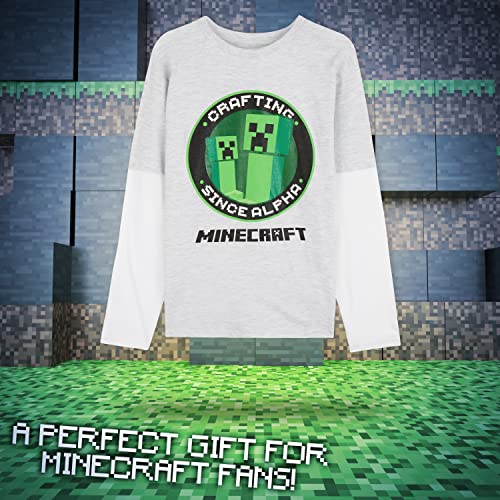 Minecraft Camiseta Niño, Camisetas Manga Larga Diseño Creeper y Mob, Ropa para Niño de Algodon, Regalos para Niños y Adolescentes (Gris/Blanco, 5/6 años)