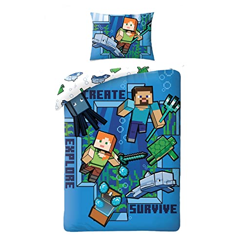 Minecraft Steve Alex Zombie MNC-248BL - Juego de ropa de cama infantil (2 piezas, funda nórdica de 140 x 200 cm y 1 funda de almohada), color azul