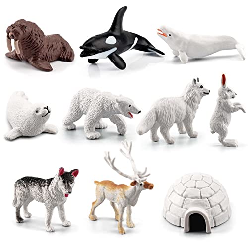Mini Juego de Juguetes de Animales del Ártico | 10 Figuras de Animales Polares realistas para niños | Incluye Oso Polar, Foca, Reno, Husky, Conejo, Zorro ártico, Orca, Ballena, morsa, Beluga, iglú