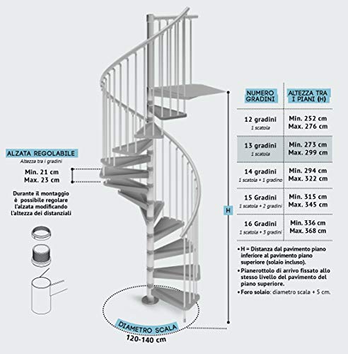 Mister Step Gamia Metal escalera de caracol para interiores de acero barnizado (gris RAL 9006, diámetro 120 cm - 12 peldaños)