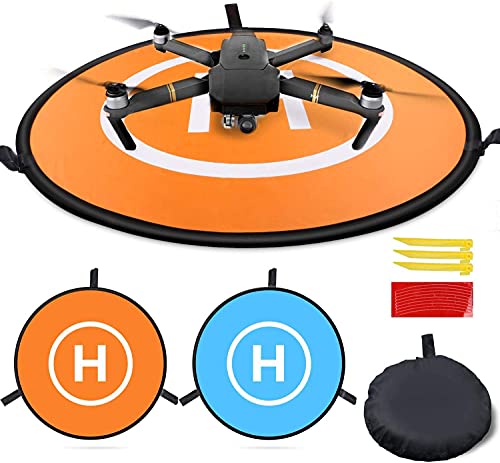 MMOBIEL Drone Landing Pad Impermeable 55 cm, doble cara naranja / azul para drones RC, helicópteros DJI Mavic Mini 2 / Zoom / Air Fly 2 / Phantom / FPV / Inspire. Incluye cinta reflectante y clavijas