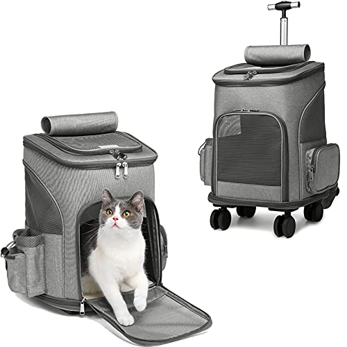 Mochila de viaje, bolsa de transporte con ruedas para perro, gato, maleta con ruedas para mascotas, asa telescópica, para viaje, camping, senderismo en trineo/coche o avión (gris)
