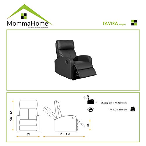 MOMMA HOME Sillón Relax reclinable Med - Modelo TAVIRA - Color Negro - Material Ecopiel/Metal - Medidas 71 x 93 x 101 cm