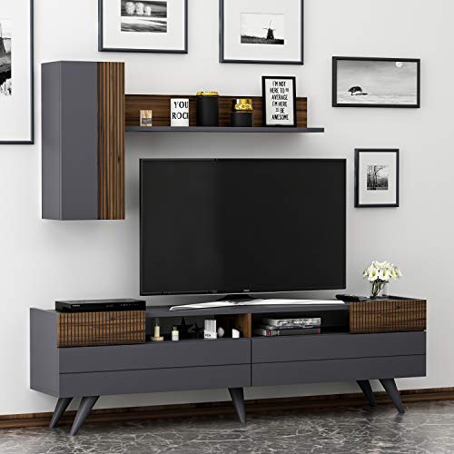 Moon – Mueble de salón – Mueble para TV – Mueble para TV – Mueble bajo para TV – Mueble para TV – Mueble para TV con 2 puertas en diseño moderno (antracita / nogal)