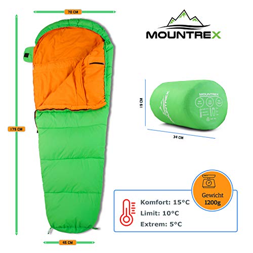MOUNTREX Saco de dormir para niños, portátil como una mochila (175 x 70 x 45 cm), para exteriores, viajes, acampadas, camping, saco de dormir tipo momia, ligero y compacto, forro interior 100%