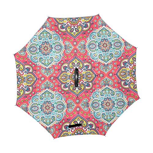 Mr.XZY India Bohemia Paraguas inverso Folk-Custom Bonito patrón a prueba de viento paraguas para coche boca abajo paraguas con mango en forma de C 2010016