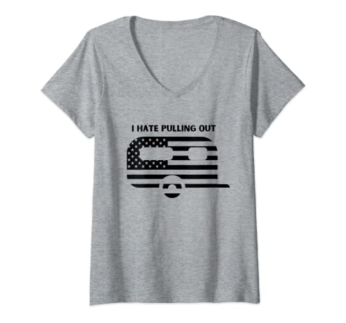 Mujer Camping I Hate Tirando hacia fuera Remolque de viaje divertido bandera de Estados Unidos Camiseta Cuello V