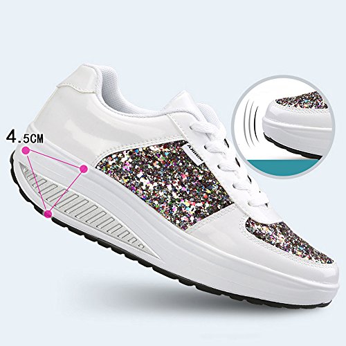 Mujer Zapatillas de Deporte Cuña Zapatos para Caminar Aptitud Plataforma Sneakers con Cordones Calzado de Tacón 4cm Blanco EU 36
