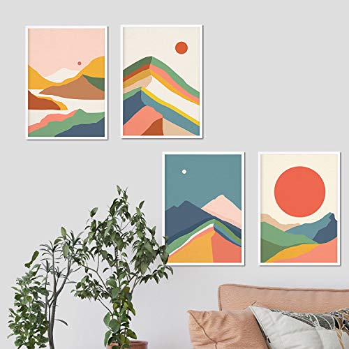 Nacnic Pack de Posters con Dibujos de montañas a Color. Set de láminas de decoración 'Montaña con Colores Rojizos' Coloridas, con imágenes de montañas, cordilleras, y ríos. Tamaño A3 con Marco