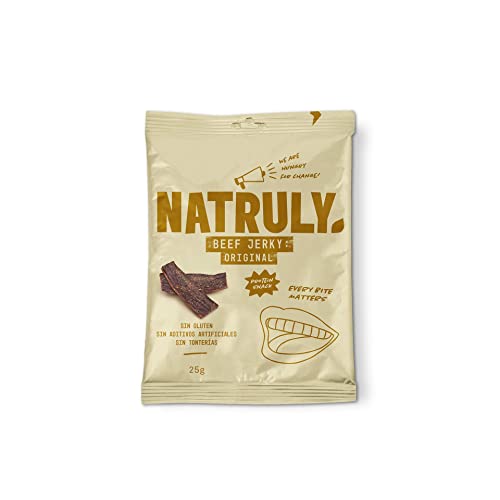NATRULY Beef Jerky Original, Carne Seca 100% Vacuno, Sin Gluten, Sin Lactosa, Sin Azúcar, Sin Aditivos Artificiales -Pack 4x25g