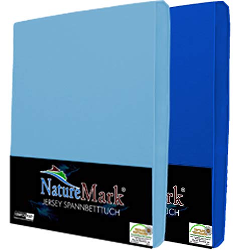 NatureMark Juego de 2 sábanas bajeras ajustables de punto, 100 % algodón, en muchos tamaños y colores, calidad de marca Öko-Tex Standard 100, 180 x 200 cm – 200 x 200 cm, color azul claro