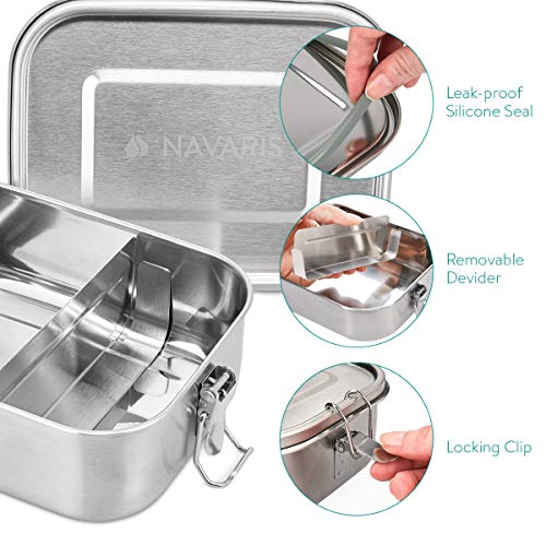 Navaris Fiambrera de Acero Inoxidable para Comida - Envase hermético con Separador y Tapa - Recipiente Rectangular de 800 ML - Lunch Box de Metal