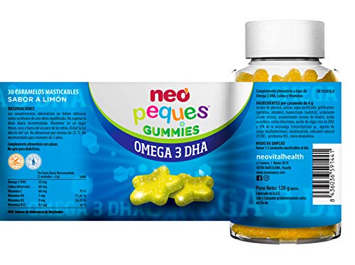 Neo Peques | Gummies Omega 3 y DHA de Origen Vegetal 30 Unidades | Gominolas a Base de Colina y Vitaminas | Tomar 1 o 2 al Día | Para Mayores de 3 años | Caramelo Masticable Infantil | Sabor a Limón