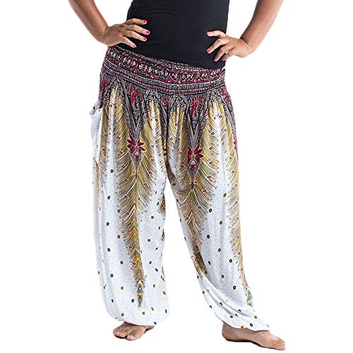Nuofengkudu Mujer Hombre Hippies Anchos Pantalones Tallas Grandes Estampados Cintura Alta Comodos Gordita Thai Yoga Pants Playa Fiestas Sauna (Blanco Pavo,One Size)