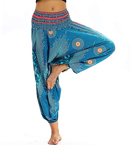 Nuofengkudu Mujer Pantalones Hippies Talle Aalto Bohemios Patrón Sueltos Thai Arabes Casual Yoga Pants Playa Azul Pavo Pluma