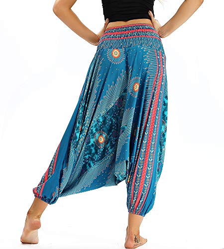 Nuofengkudu Mujer Pantalones Hippies Talle Aalto Bohemios Patrón Sueltos Thai Arabes Casual Yoga Pants Playa Azul Pavo Pluma