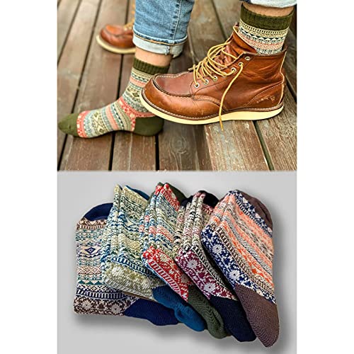 oijhg 5 Pairs Thermal Nordic Winter Warm Socks for Men Women, Vintage Cozy Wool Socks, Thick Knit Pattern Hiking Crew Socks (E)