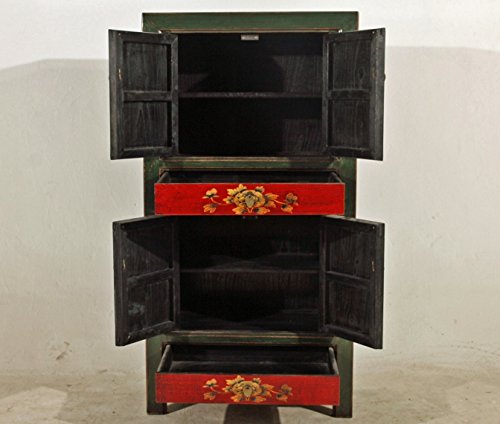 OPIUM OUTLET Armario, Comoda Alta, Chino, Coloreado Asiatico Vintage Oriental Madera, para Dormitorio y Salon, Rojo-Negro