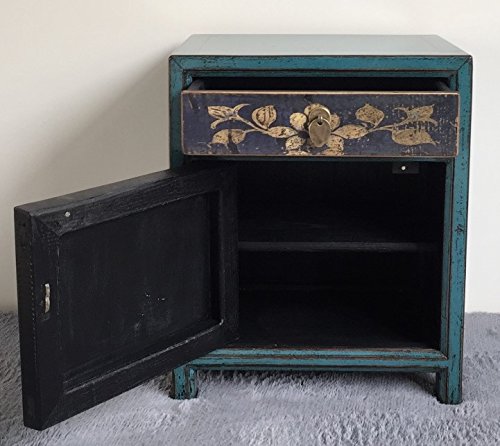 OPIUM OUTLET Combinación de armario chino, cómoda para dormitorio y 2 mesitas de noche, estilo asiático, estilo vintage, color azul