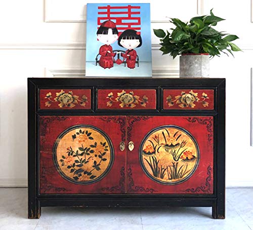 OPIUM OUTLET Combinación de armario chino y cómoda vintage, armario de boda, aparador asiático, oriental, estilo colonial, estilo shabby chic (rojo y negro)