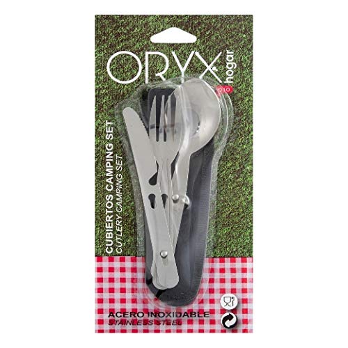 ORYX 5058010 Cubiertos Camping Acero Inoxidable 3 Piezas con Funda Nylon, 18/8_Stainless_Steel, Multicolor